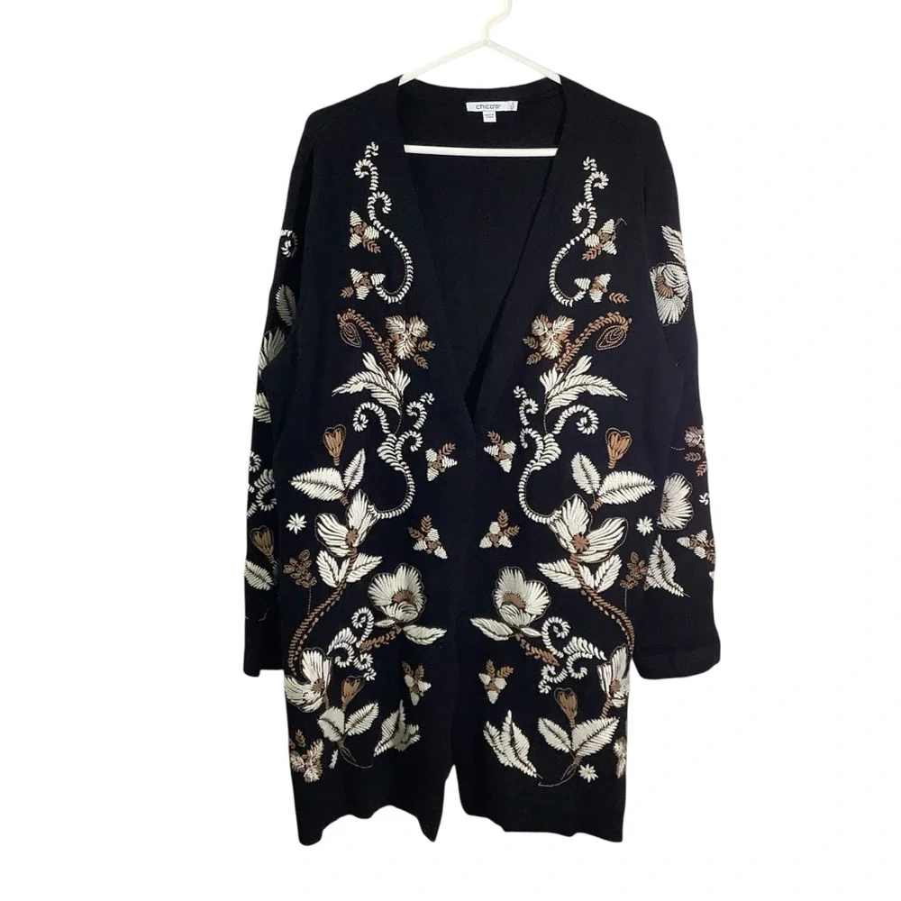 Chico's Black Cardigan Open Front with Floral Embroidery